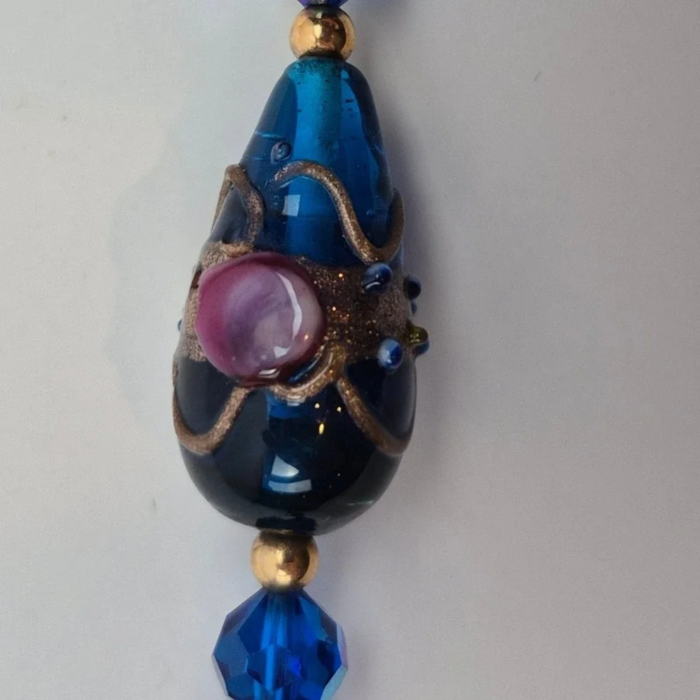 Vtg Venetian Wedding Cake Necklace Blue Pink Gold Glass 27